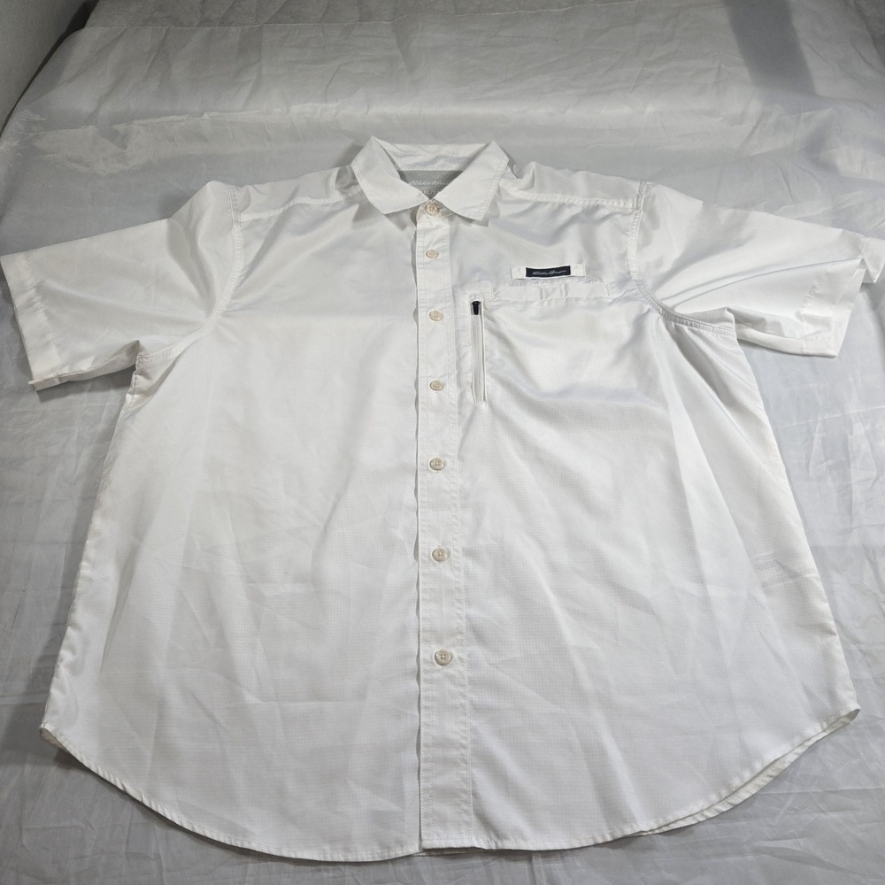 Eddie Bauer Mens XL White Short Sleeve Fishing Shirt Vented UPF Zip Pocket